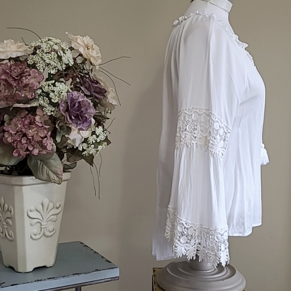 Democracy Blouse Elegant White Lace Crochet Trim Top Bell Sleeve Tassel Tie Larg - Picture 6 of 12